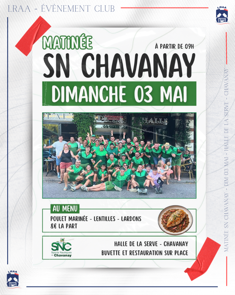 Affiche de la matinée organisée par la SN Chavanay le 3 mai 2026 à la Halle de la Serve proposant un repas poulet mariné et lentilles.