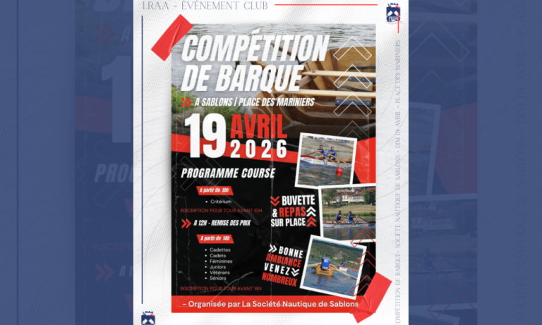 Affiche de la compétition de barque du 19 avril 2026 à Sablons, Place des Mariniers, organisée par la Société Nautique de Sablons.