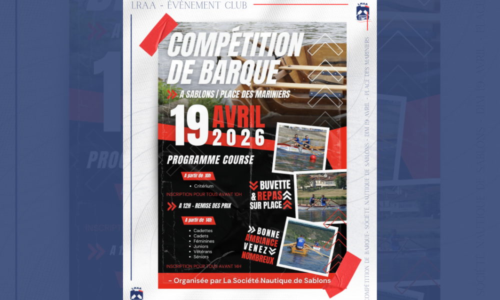 Affiche de la compétition de barque du 19 avril 2026 à Sablons, Place des Mariniers, organisée par la Société Nautique de Sablons.