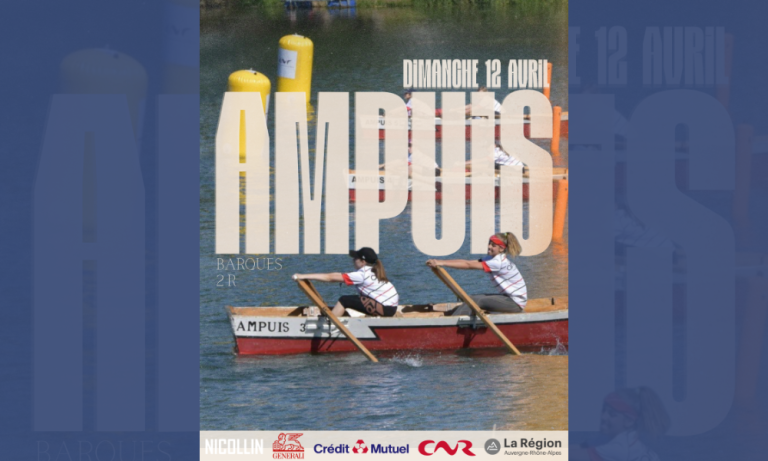 Compétition de barque de sauvetage à Ampuis le 12 avril 2026 organisée par la Ligue RAA. Rameurs en action sur le Rhône pour la première manche de la saison.