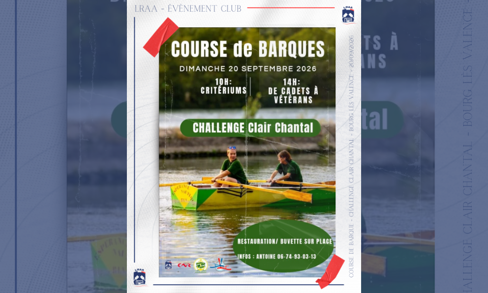Affiche officielle de la course de barque du Challenge Clair Chantal à Bourg-lès-Valence le 20 septembre 2026.