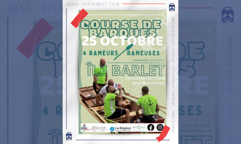 Affiche de la course de barques à 4 rameurs organisée à l'Île Barlet par le club de Saint-Romain-en-Gal le dimanche 25 octobre 2026.