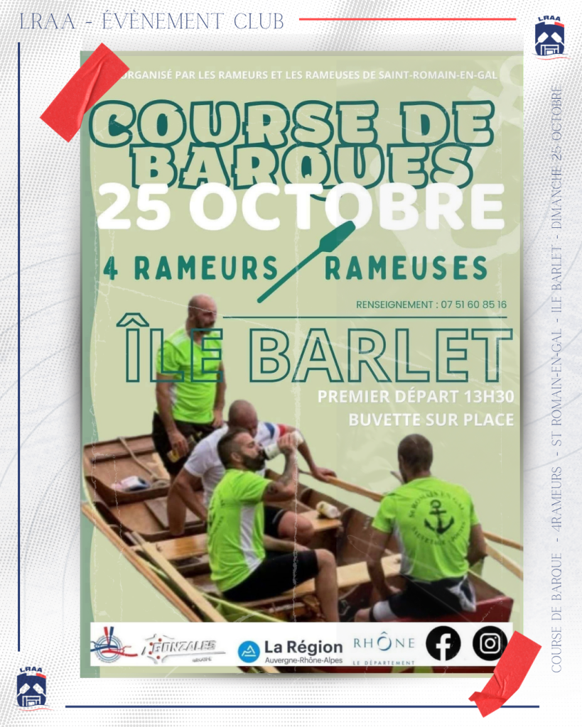 Affiche de la course de barques à 4 rameurs organisée à l'Île Barlet par le club de Saint-Romain-en-Gal le dimanche 25 octobre 2026.